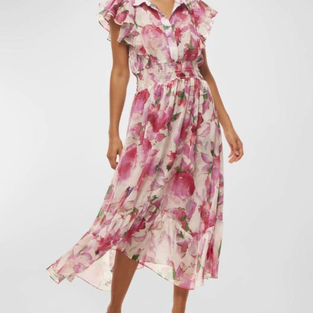 MISA Women’s Florencia Ombré Short-Sleeve Midi Dress sz M Pink Green